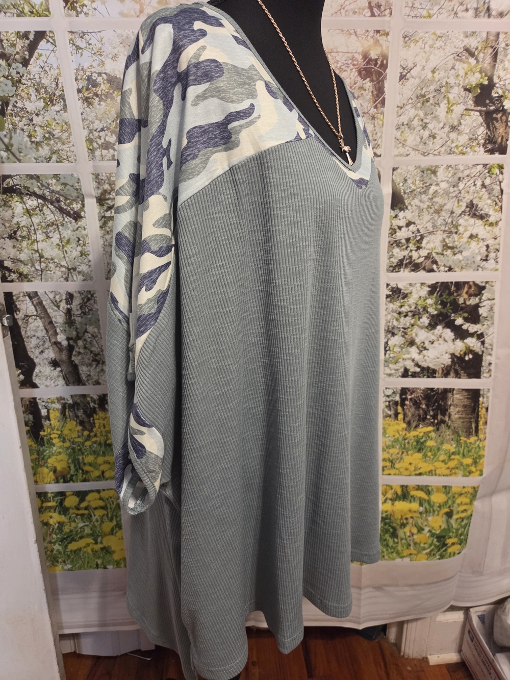 Casual Sage Green Waffle Knit Top with Camouflage Yoke - Picture 2 of 2